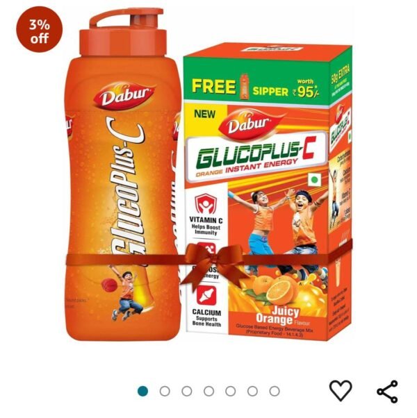 Dabur GlucoPlus-C Juicy & Tasty (Orange Flavour) – 500g Powder (with Sipper Free) | Vitamin C helps Boosts Immunity | Calcium Supports Bone Health