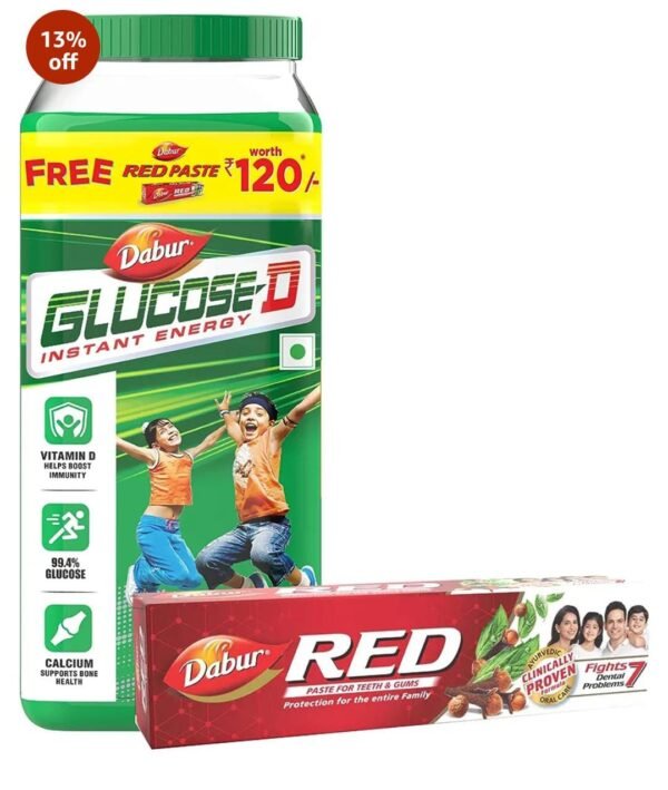 Dabur Glucose-D Juicy & Tasty – 1 kg Powder with Dabur Red Paste 200g free | Instant Energy Recharge with 99.4% Glucose | Vitamin D helps Boosts Immunity | Calcium Supports Bone Health